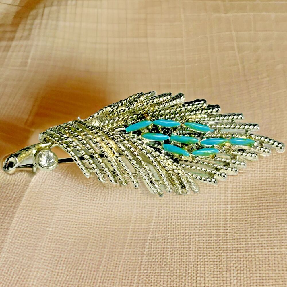 Brooch- Enamal Feather Silver Tone Brooch Vintage 2.75 Inches